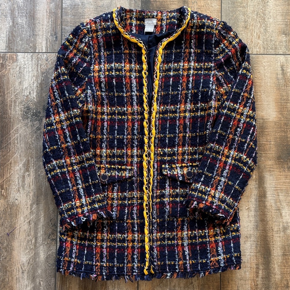 Plaid Tweed Long Jacket with Yellow Trim